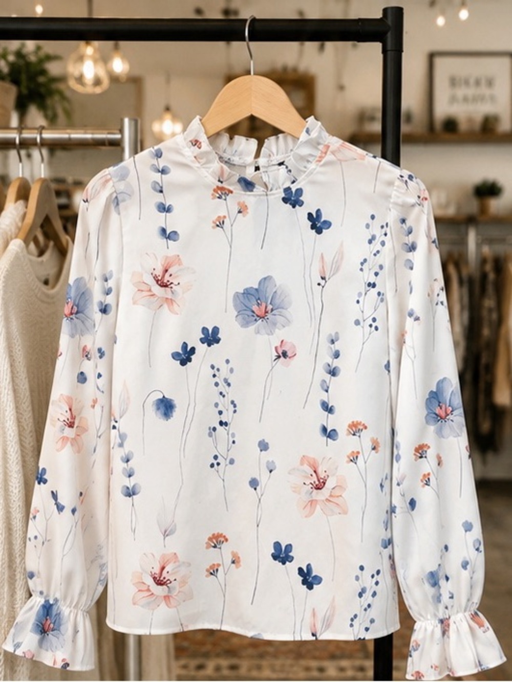 SHEIN White Floral Ruffle-Trim Blouse with Blue & Pink Accents